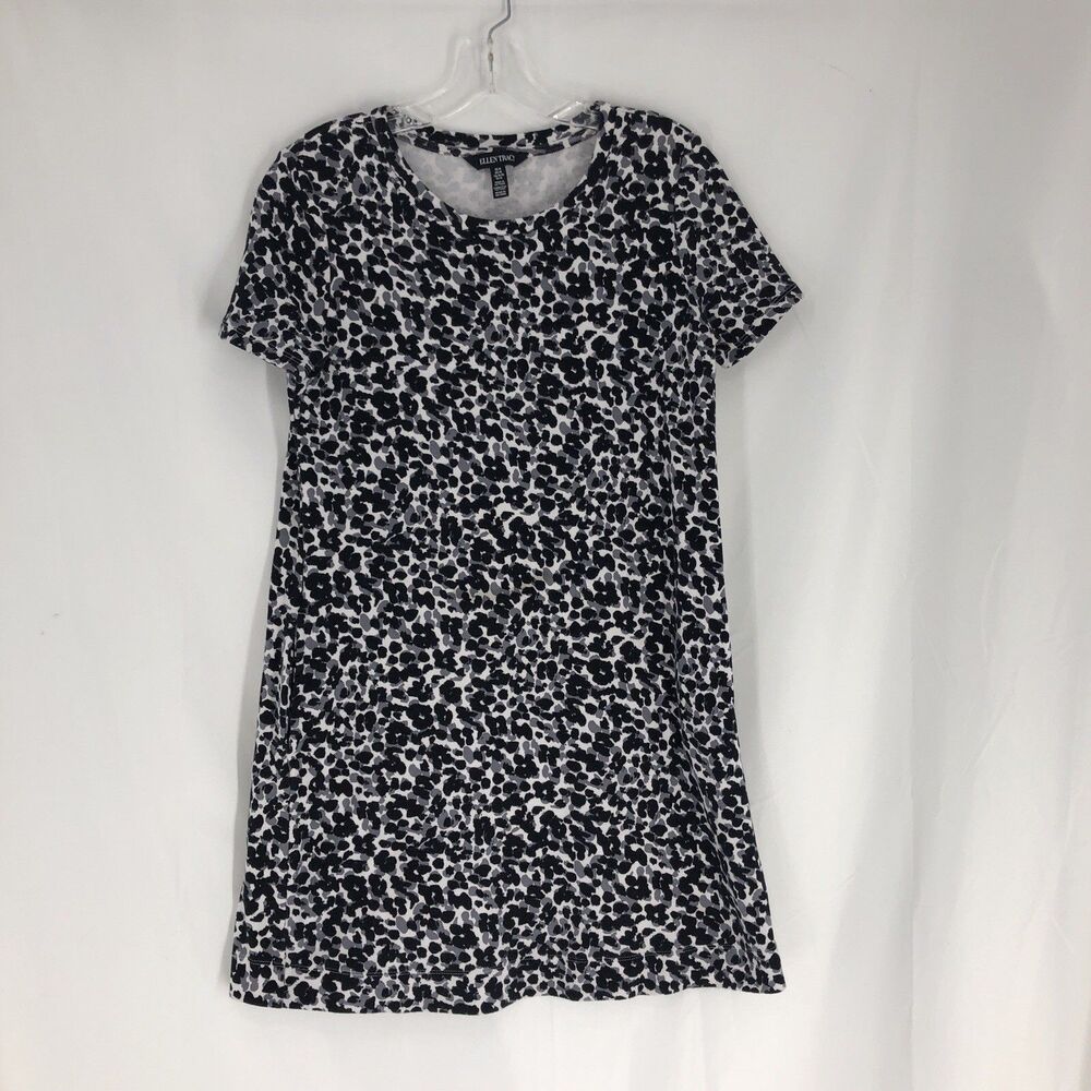 Ellen Tracy Womens Medium T Shirt Dress Black Gray Stretch Pockets Leopard Print